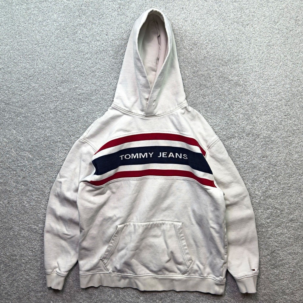 Tommy Jeans Mens Large Pullover Hoodie White Red Navy Stripe Spellout